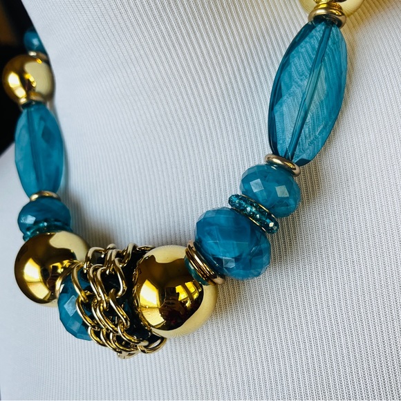 Royal Chunky Blue & Gold Tone Necklace and Earrings Maximalist Beaded - Picture 3 of 6